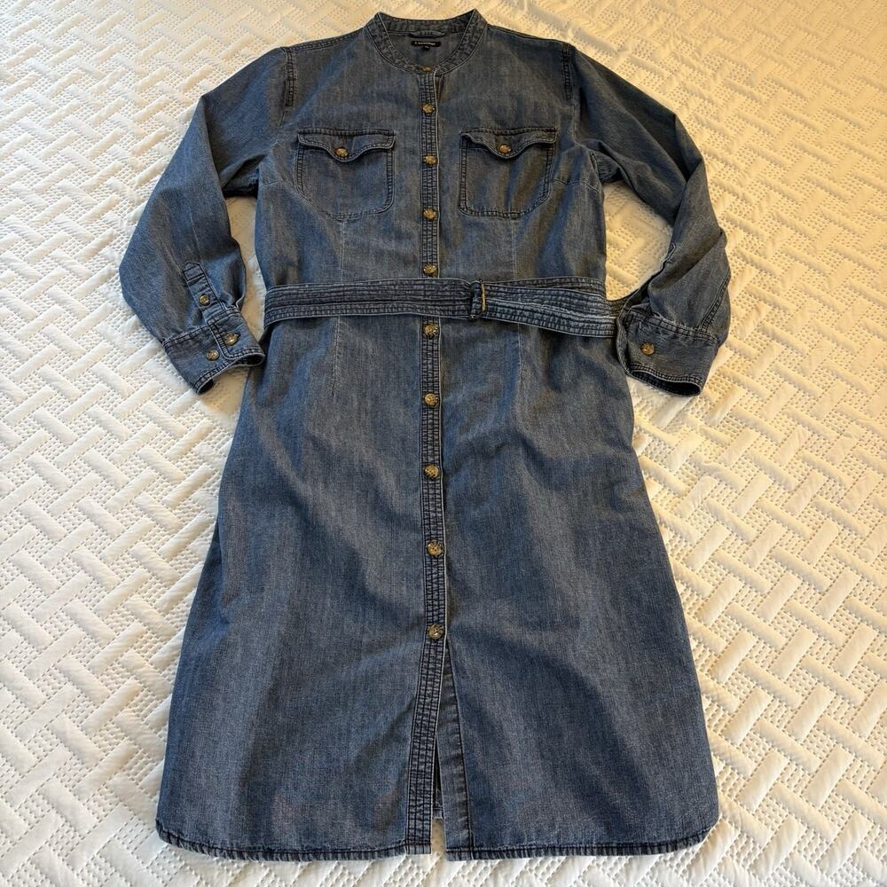 Vintage 90s J. Peterman Blue Denim Shirt Dress Women’s 14 Midi Belted Pockets